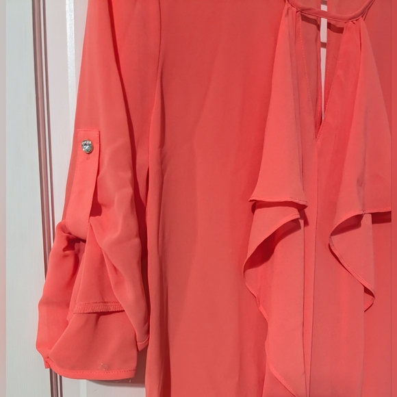 Jennifer Lopez, NWT, Hot Coral, Semi-Sheer, Ruffle Front Blouse, Size XS - Picture 6 of 13